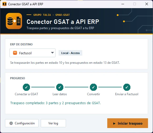 Ventana del Conector GSAT a API ERP con Factusol como destino y el traspaso completado: 3 partes y 2 presupuestos de GSAT.